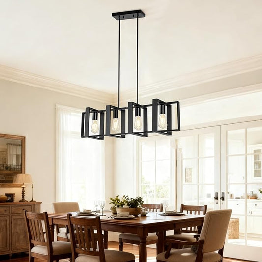 Dining Room Light Fixture, 4-Light Kitchen Island Lighting, Height Adjustable Island Lights For Kitchen, Black Linear Chandeliers For Dining Room, Metal Farmhouse Chandelier for Living Room(No Bulb)