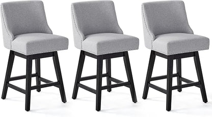 Counter Height Swivel Bar Stools Set of 3, Modern Linen Fabric Swivel Barstools with Back and Wood Legs, Upholstered 26" Seat Height Counter Stools for Kitchen Island, Home Bar, Grey