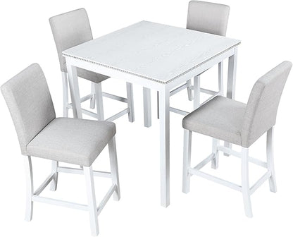 5 Piece Counter Height Dining Table Set for 4, Elegant Wooden Kitchen Table and 4 Upholstered Chairs with Crystal Decoration, Square Dining Table Set for Kitchen and Dining Room, White