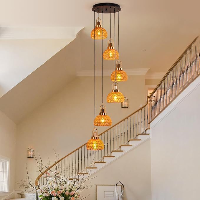Modern Boho Gold Rattan Pendant Light 6-Lights Vintage Farmhouse Rattan Pendant Light Fixture Hand Woven Golden Bamboo Wicker Pendant Lights for Kitchen Stairwell, Entryway, Living Room