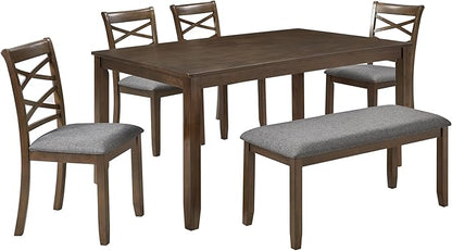 6 Piece Wooden Dining Table Set with 4 Chairs and a Bench, Rectangular Kitchen Table Set for 6 People, Modern Dining Room Table Set for Kitchen and Dining, Walnut