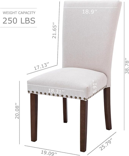 COLAMY Upholstered Dining Chairs Set of 6, Parsons Style Side Chairs with Nailhead Trim and Solid Wood Legs, Comfortable Linen Fabric for Kitchen & Dining Room – Beige
