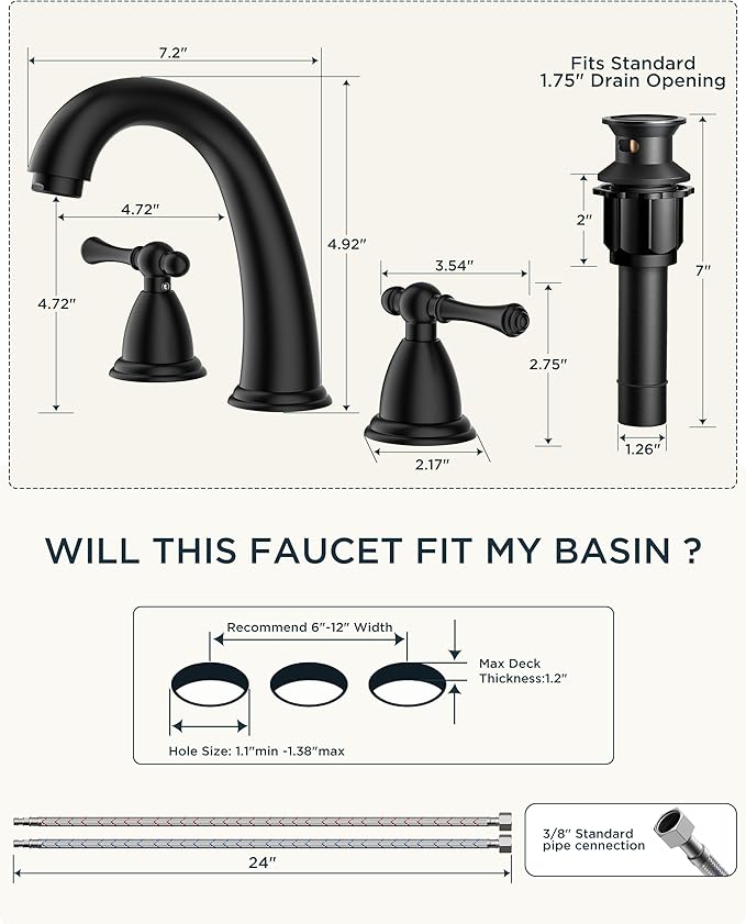 FORIOUS Black Bathroom Sink Faucet 8 Inch, Widespread Bathroom Faucet 3 Hole with Pop Up Drain and Water Hose Supply, 2 Lever Handle Design,for Vanity RV Farmhouse Sink