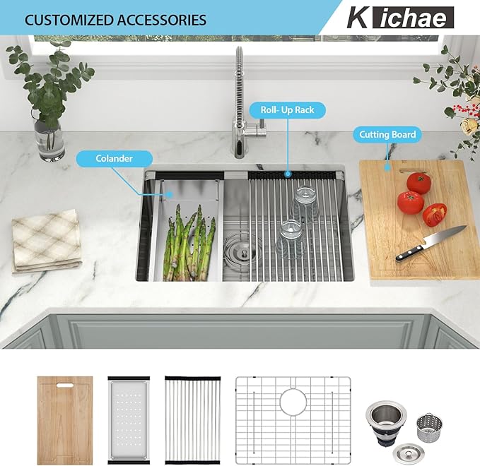 Kichae 25 Undermount Kitchen Sink - 25"x19" Kitchen Sink Stainless Steel Ledge Workstation Single Bowl Under Counter All In One Deep Basin Round Corner