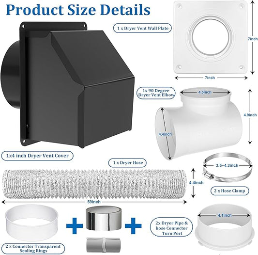 4 inch Dryer Vent Cover, Dryer Vent Connector Kit, 90 Degree Dryer Vent Elbow, Dryer Vent Wall Plate with Hose(4 inch 5FT) Indoor Dryer Vent Duct Adapter, Dryer Vent Hose for Tight Space
