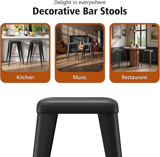 Backless Bar Stools Set of 2, Upholstered Faux Leather Counter Height Stools with Sturdy Metal Legs, 30 Inch Barstools for Kitchen Island (Black)