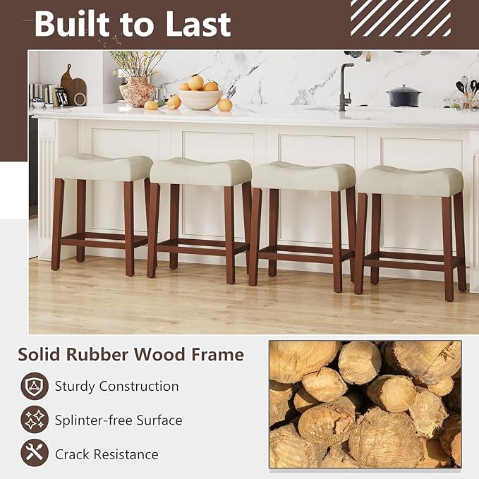 Giantex 24" Bar Stools Set of 4, Upholstered Counter Height Saddle Bar Stools with Footrest and Wood Legs, Farmhouse Button Tufted Backless Barstools for Kitchen Island, Dining Room, Cafe, Beige+Brown