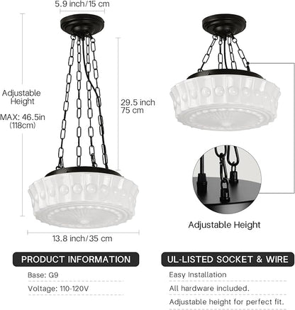 13.8" Milk Glass Pendant Light, Vintage Schoolhouse Chandelier, Mid Century Modern Hanging Ceiling Fixture for Kitchen Island, Dining Room, Bedroom, Hallway, Farmhouse Lighting White Lamp