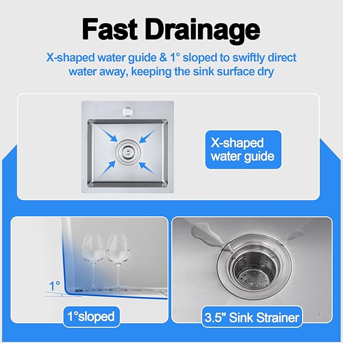 15 x 15 inch Bar Sink, Drop-in Tight Radius Brushed Stainless Steel Topmount Kitchen Sink Single Bowl