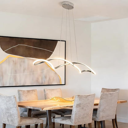 39 Inch Modern LED Pendant Light, Remote Control Dimmable Adjustable Height, DIY Kitchen Island Lighting & Dining Room Chandelier, Chrome Plated Energy Saving Linear Chandelier