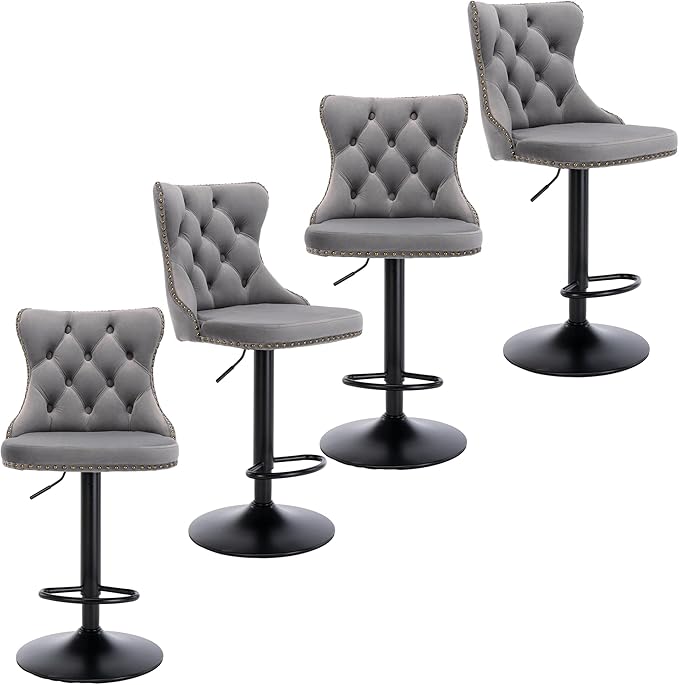 Rhomtree Velvet Swivel Bar Stools Upholstered Bar Stool with Button Tufted Back and Pull Ring Height Adjustable Barstools 25-33 Inch for Home Pub and Kitchen Island (Gray with Black Base, Set of 4)