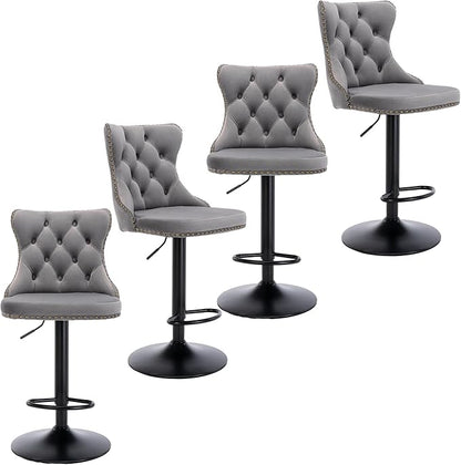 Rhomtree Velvet Swivel Bar Stools Upholstered Bar Stool with Button Tufted Back and Pull Ring Height Adjustable Barstools 25-33 Inch for Home Pub and Kitchen Island (Gray with Black Base, Set of 4)