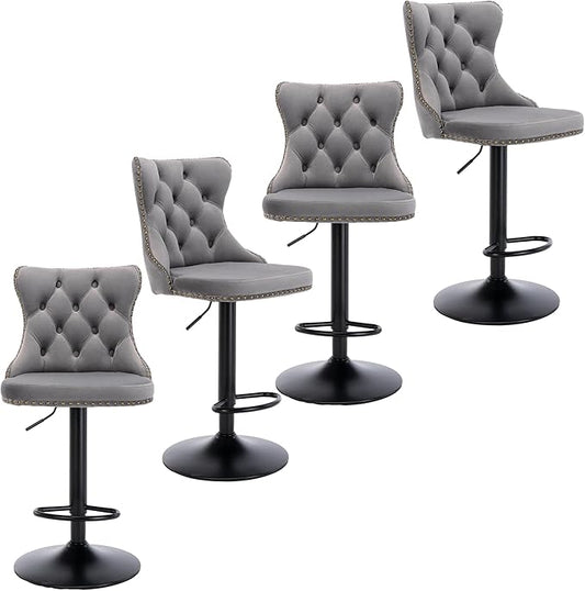 Rhomtree Velvet Swivel Bar Stools Upholstered Bar Stool with Button Tufted Back and Pull Ring Height Adjustable Barstools 25-33 Inch for Home Pub and Kitchen Island (Gray with Black Base, Set of 4)