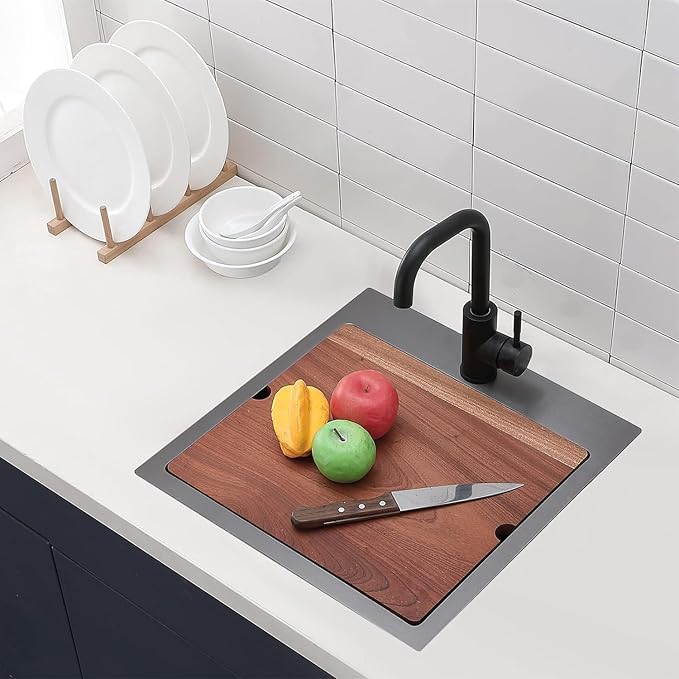 18"x18" Black Drop in Bar Sink, Top Mount Small Stainless Steel Wet Prep Kitchen RV Bar Outdoor Sink, Topmount Single Bowl Workstation with Cutting Board,Stainless Steel Grid & Strainer