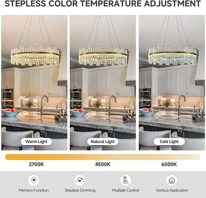 Gold Led Modern Crystal Chandelier: 31.5" Round Contemporary 3 Color Dimmable Large Dining Room Light Fixture over Table - Adjustable luxury Lighting for Bedroom Living Kitchen Island Entryway Foyer