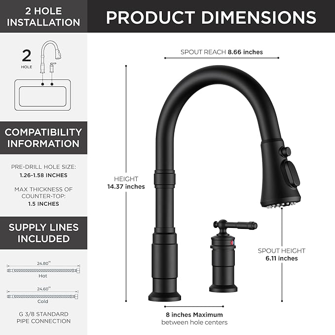 FORIOUS 2 Hole Black Kitchen Faucet with Pull Down Sprayer, Stainless Steel Rustic Kitchen Sink Faucet 3 Spray Modes with Single Seperate Handle, Suitable for Farmhouse Outdoor Camper Rv Bar
