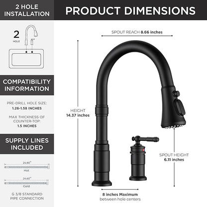 FORIOUS 2 Hole Black Kitchen Faucet with Pull Down Sprayer, Stainless Steel Rustic Kitchen Sink Faucet 3 Spray Modes with Single Seperate Handle, Suitable for Farmhouse Outdoor Camper Rv Bar