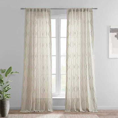 HPD Half Price Drapes Embroidered Linen Sheer Curtains for Living Room 50 X 120 (1 Panel), Rod Pocket Window Curtains for Bedroom, Suez Natural