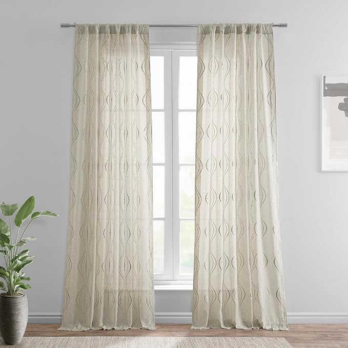 HPD Half Price Drapes Embroidered Linen Sheer Curtains for Living Room 50 X 108 (1 Panel), Rod Pocket Window Curtains for Bedroom, Suez Natural