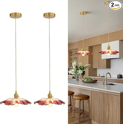 Pendant Lights Kitchen Island Glass Vintage Hanging Light Fixture Purple Flower Light E26 Gold Lights for Bedroom Kitchen Hallway Light Fixtures Bathroom Purple Sunflower Light 2 Pack