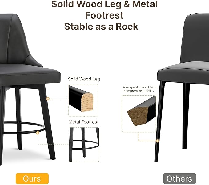24" Counter Height Bar Stools Set of 4, Swivel Bar Stools with Backs, Faux Leather Upholstered Counter Barstools with Solid Wood Legs for Kitchen Island,Black