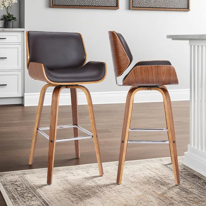 Armen Living Tyler 26" Counter Height Swivel Brown Faux Leather and Walnut Wood Bar Stool - Set of 3