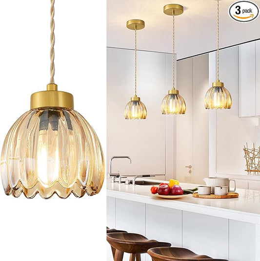 Vintage Pendant Light Fixtures Small Pendant Lighting Amber Glass Hanging Ceiling Light Flower Pendant Lights Kitchen Island for Dining Room Bedroom Living Room Hallway 3 Pack