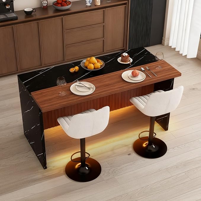 Donext 63 Inch Marble Kitchen Island Dining Sets with LED Lights, Mobile Kitchen Cart Breakfast Bar,2 Modern Bar Stools, MDF Countertop Table with Storage (Black+Beige)