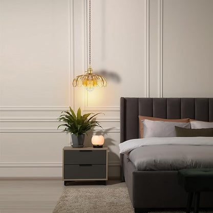 Pendant Light Fixture, Hanging Light Fixture, Glass Shade Pendant Light with Rotary Switch, Modern Lamp for Kitchen Island, Bedroom, Dining Room, Living Room (Amber Lotus, Hard-Wired)