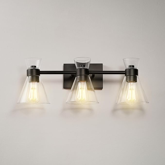Globe Electric 63000055 3-Light Vanity Light, Matte Black, Clear Glass Shades, Bathroom Lights Over Mirror, Lights for Bathroom, Powder Room Lighting, Makeup Mirror Lights, Home Décor, Bathroom Décor