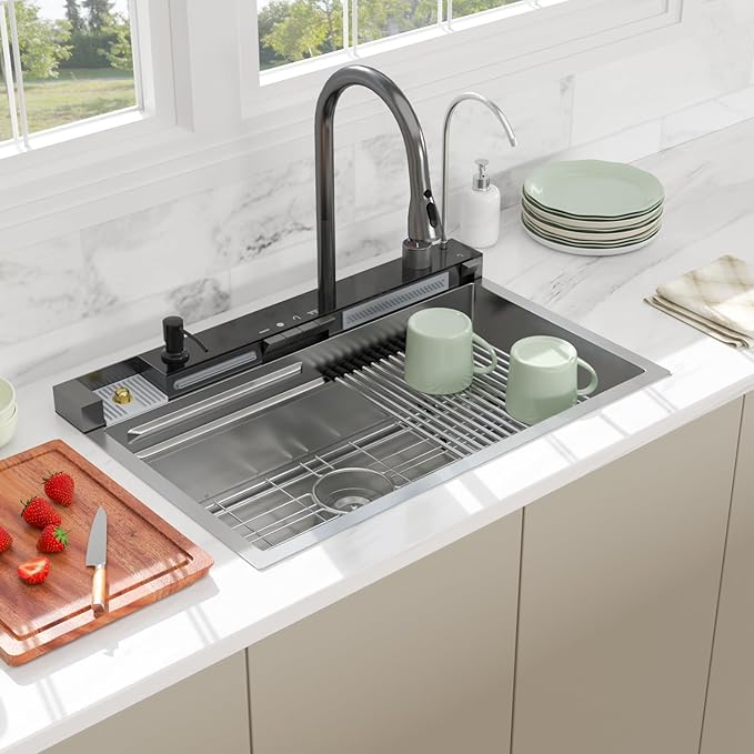 30 Inch Waterfall Kitchen Sink - Beslend 30x19 Drop In Waterfall Sink Workstation Smart Sinks 16 Gauge Stainless Steel Single Bowl Basin with Faucet Combo