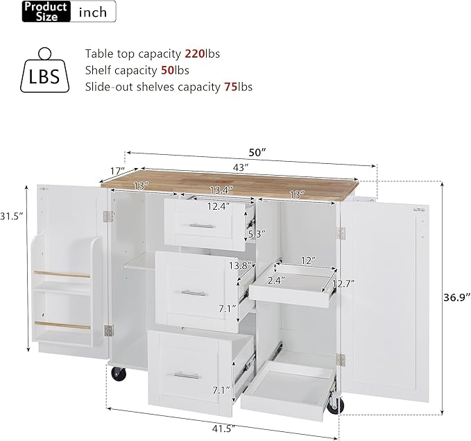 RUNNA Rolling Kitchen Island with Storage, White09, 3 Drawer, 2 Slide-Out Shelf, Internal Storage Rack, Kitchen Cart on Wheels with Spice Rack & Tower Rack