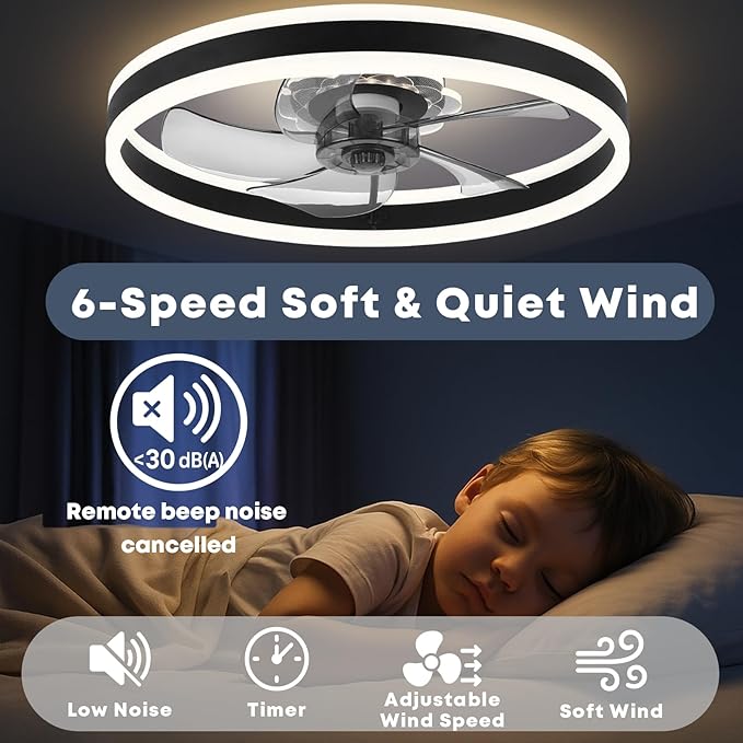 Fszdorj Ceiling Fan with Light, Upgraded 20‘’ Low Profile Fan, Flush Mount Ceiling Fan, 6 Speeds, Dimmable LED, App & Remote Control, Quiet DC Motor, for Bedroom, Living Room, F105 Black-D