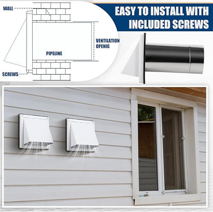 Gisafai 4" Outside Dryer Vent Cover for Exterior Walls Exhaust Vent Cap with Removable Extension Pipe Stainless Steel Hood Cushioned Non Return Flap with Sealing Gasket Grille Screen