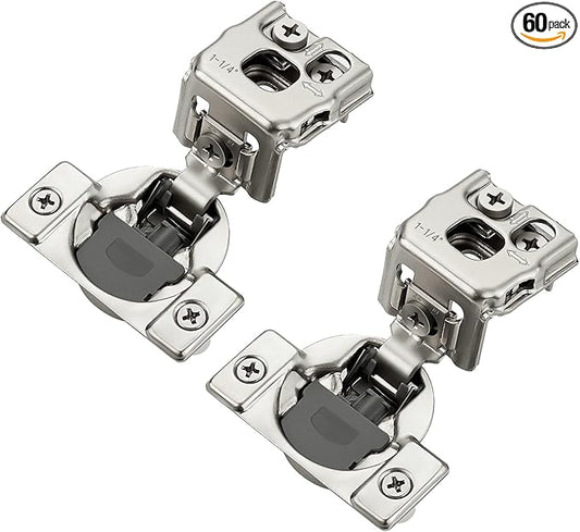 JOYDECOR 60 Packs (30 Pairs) 1-1/4 Inch Overlay Soft Close Hinges Satin Nickel Concealed Hidden Cabinet Hinges Stainless Steel for Face Frame Kitchen Cabinet Doors - 105 Degree