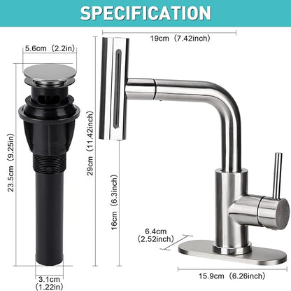 Bathroom Sink Faucet with 4 Mode Pull Down Sprayer, Brushed Nickel Single Handle Pull Out Faucet with Pop-Up Drain, 1 or 3 Hole Laundry Bar Basin Faucet with Deck Plate