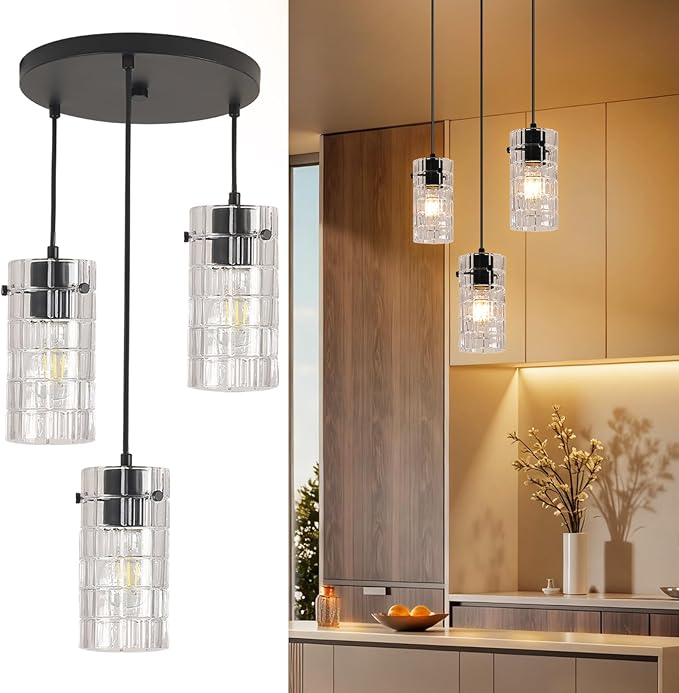 Black Glass Pendant Lights, Pendant Light Fixtures, Pendant Lights For kitchen island Living Room ,With Meatel Adjustable Hanging Rod,(3 Lights)