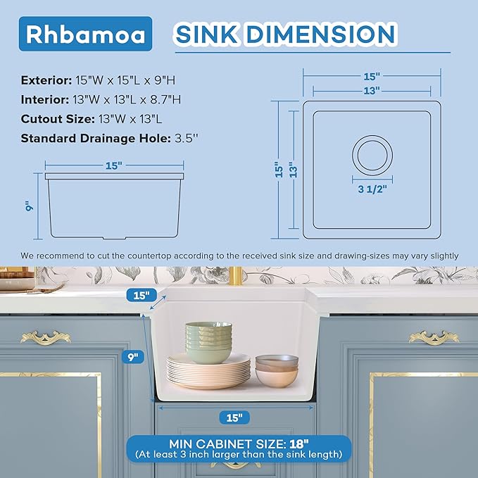 Rhbamoa 15 Inch White Bar Sink,Undermount Small Wet Bar Sinks 15''x15''x9'',9 Inch Depth White Single Bowl Quartz Kitchen Sinks with Accessories