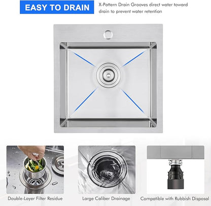 MENATT 18x18 Inch Drop in Kitchen Sink, 304 Stainless Steel Single Bowl Small Sink with X-Shape Drain Groove & Bottom Grid Mat, 9” Deep Bar Sink for Compact Kitchen, Wet Bar, RV, Apartment