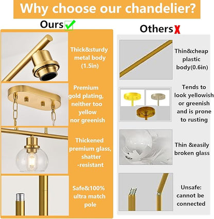 4-Light Linear Chandelier, Gold Chandelier Light Fixture, Kitchen Island Pendant Lighting with Clear Round Glass Shades