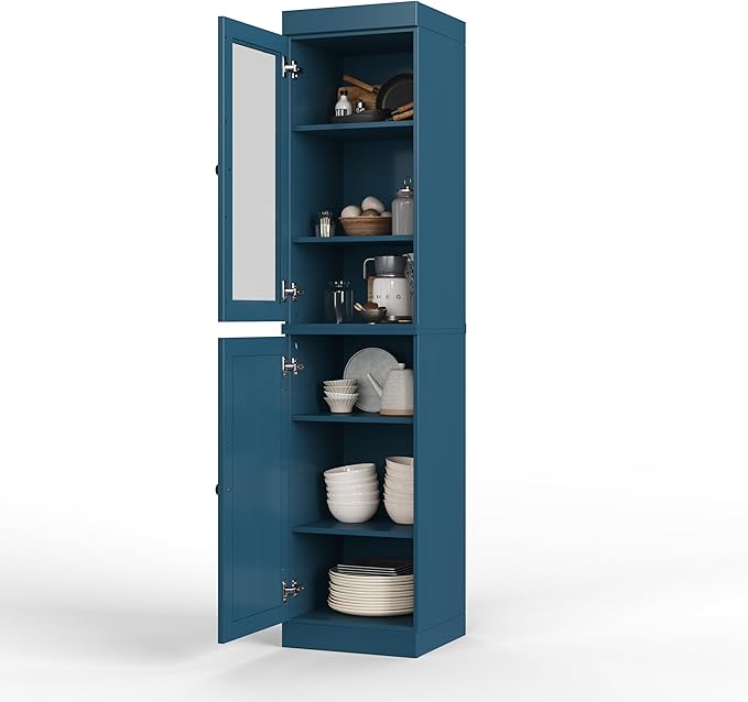 Palace Imports Solid Wood Kitchen Pantry - Narrow Storage Cabinet - 16.5" Wide x 71.5" Tall - 1 Raised Panel & 1 Glass Door, Teal Blue, Adjustable Shelves, 100% Eco-Friendly Wood, Modular Cabinets