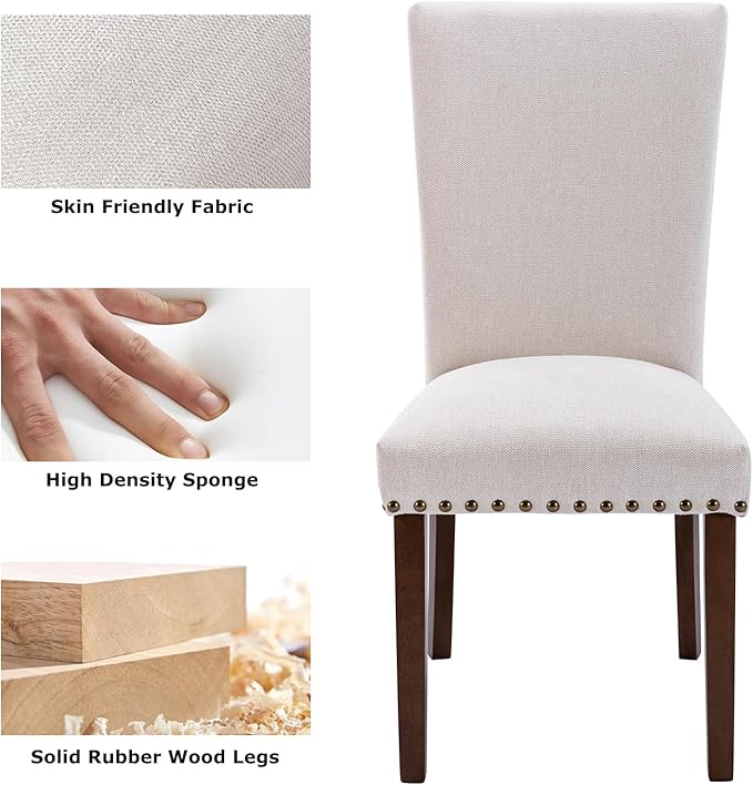 COLAMY Upholstered Parsons Dining Chairs Set of 4, Fabric Dining Room Kitchen Side Chair with Nailhead Trim and Wood Legs - Beige,No Table