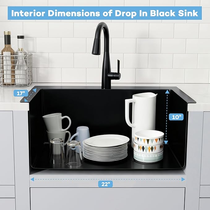 Black Kitchen Sink 25"x22",Drop In Laundry Utility Sink,25 Inch Black Sink 16 Gauge Stainless Steel,Top Mount Single Bowl Deep Kitchen Sinks
