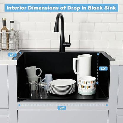Black Kitchen Sink 25"x22",Drop In Laundry Utility Sink,25 Inch Black Sink 16 Gauge Stainless Steel,Top Mount Single Bowl Deep Kitchen Sinks