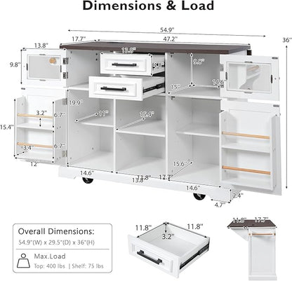 RUNNA 54.9" Kitchen Island with Drop Leaf,Power Outlet, Kitchen Storage Cart with 4 Door Shelves,Cross Barn Doors & Visual Glass Door,Rolling on 4 Wheels for Kitchen,Dining Room (White#77)