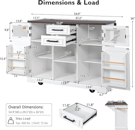 RUNNA 54.9" Kitchen Island with Drop Leaf,Power Outlet, Kitchen Storage Cart with 4 Door Shelves,Cross Barn Doors & Visual Glass Door,Rolling on 4 Wheels for Kitchen,Dining Room (White#77)