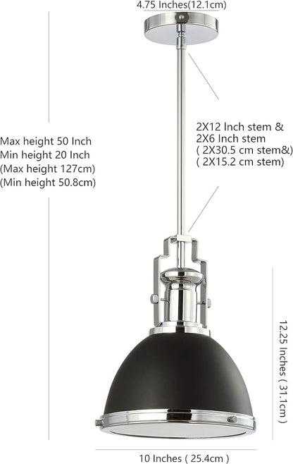 JONATHAN Y 10" Black/Chrome Modern Industrial Iron LED Dome Pendant Light, Adjustable Hanging Fixture for Kitchen Island or Entryway, Black Metal Shade, LED Bulb Included (JYL9535B)