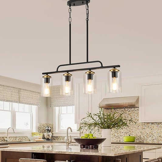 TWIG Kitchen Island Light Fixture/Chandelier Over Table,Farmhouse Modern Metal Hanging Light Fixtures for Dining Room with 4 Glass Shade