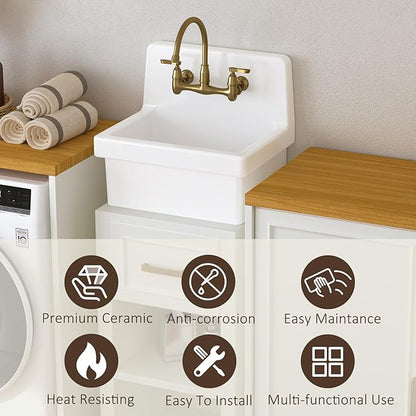 21 Inch Wall Mount Utility Sink, High Back Farmhouse Sink, White Ceramic Bathroom Sink Above Counter, Floating Porcelain Laundry Tub for Kitchen, Bathroom, Garage (21.3" x 16.2")