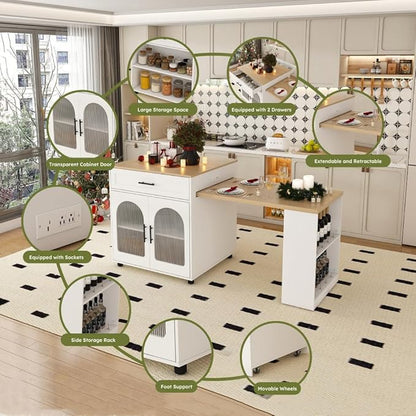 80-inch Expandable Kitchen Island with Dining Table, Marble-Grain Countertop with Power Outlet, Mobile Storage Cart with Cabinet & 2 Drawers, Kitchen Prep Table (White + MDF)